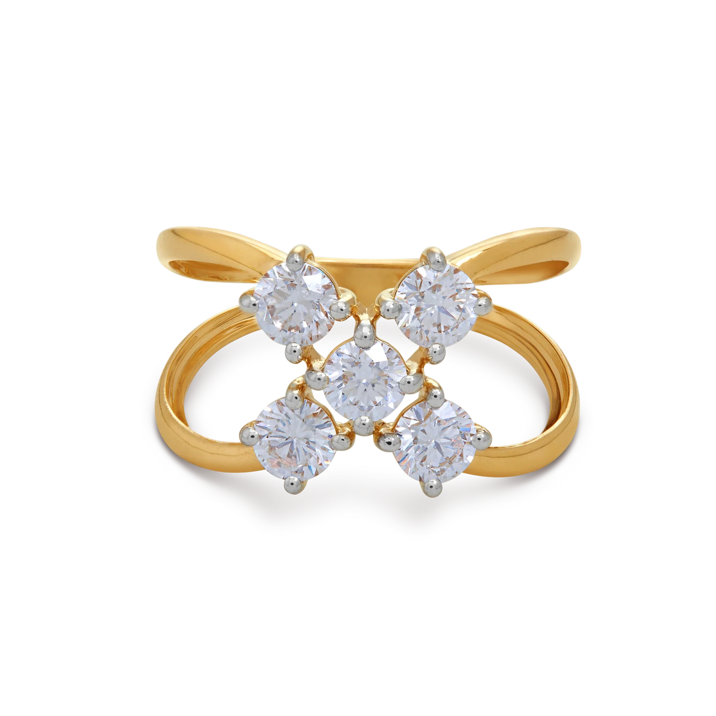 The Calyx Ring, an exquisite gold diamond ring featuring five brilliant-cut diamonds in a unique cluster setting, perfect for engagement or as a statement piece of diamond jewellery.