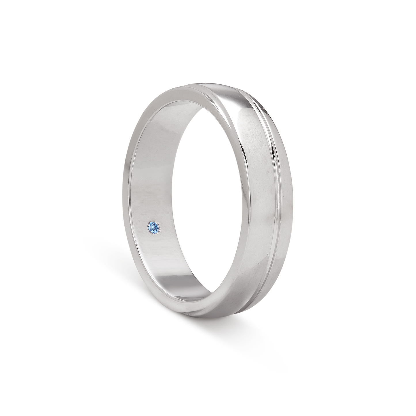 The Classic Band white gold wedding ring with a polished and matte finish, featuring a hidden blue diamond inside, perfect for diamond jewellery ecommerce.
