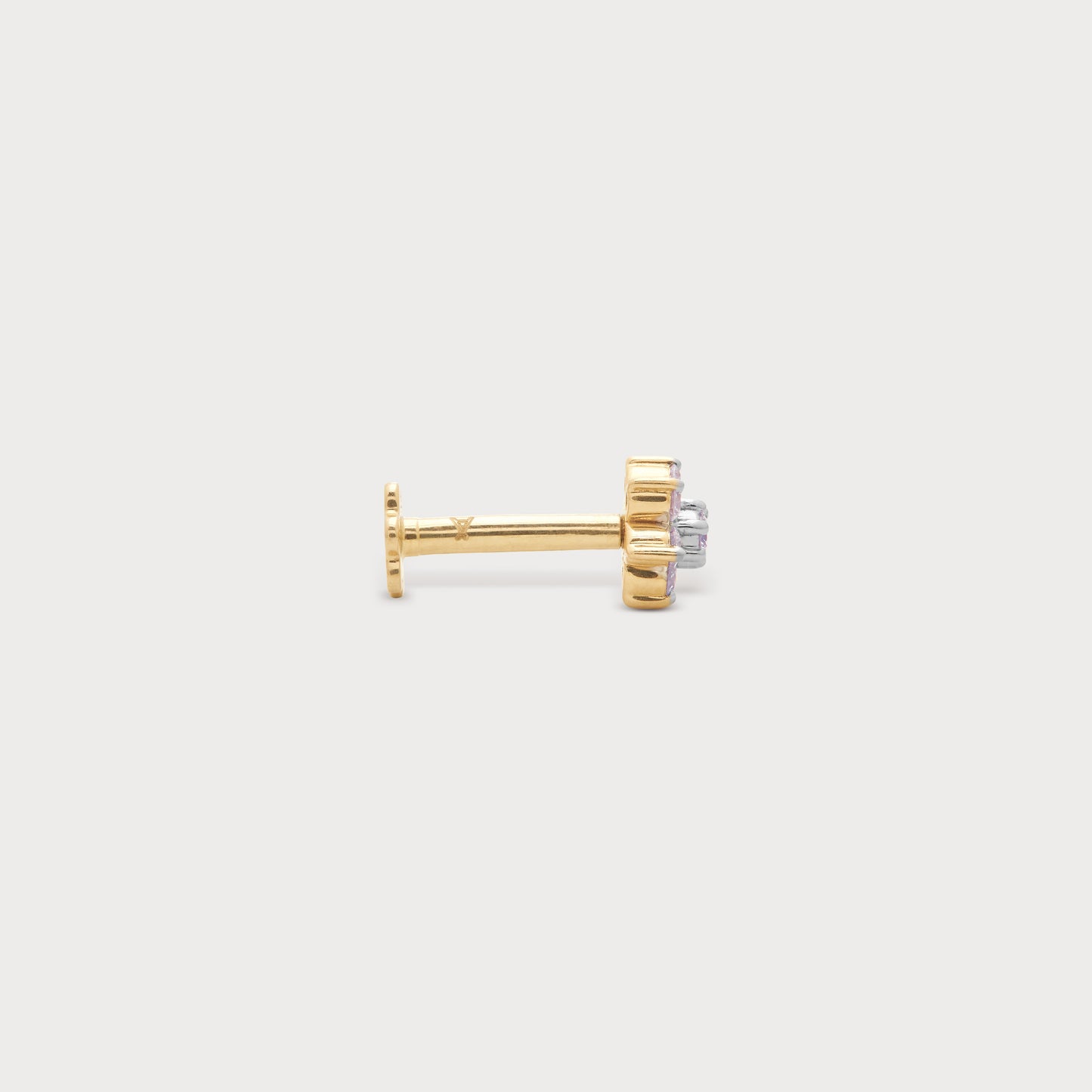 Yellow gold flat back stud earring featuring a delicate diamond cluster design with white and subtle pink stones, ideal for helix, tragus, or lobe piercings. High-quality diamond jewelry for women.