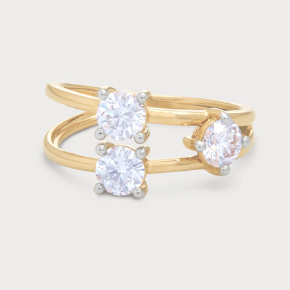The Calista Ring - gold bypass diamond ring with three brilliant cut diamonds, ideal for engagement or a stylish statement piece. Shop fine diamond jewelry.