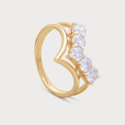 The Avienne Ring, a beautiful yellow gold ring featuring five brilliant round diamonds set on a unique curved band, perfect for diamond jewellery ecommerce.