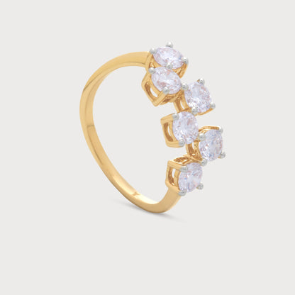 The Svara Ring: exquisite yellow gold diamond ring with five brilliant round diamonds in a unique cascading design, perfect for fine diamond jewellery collections.