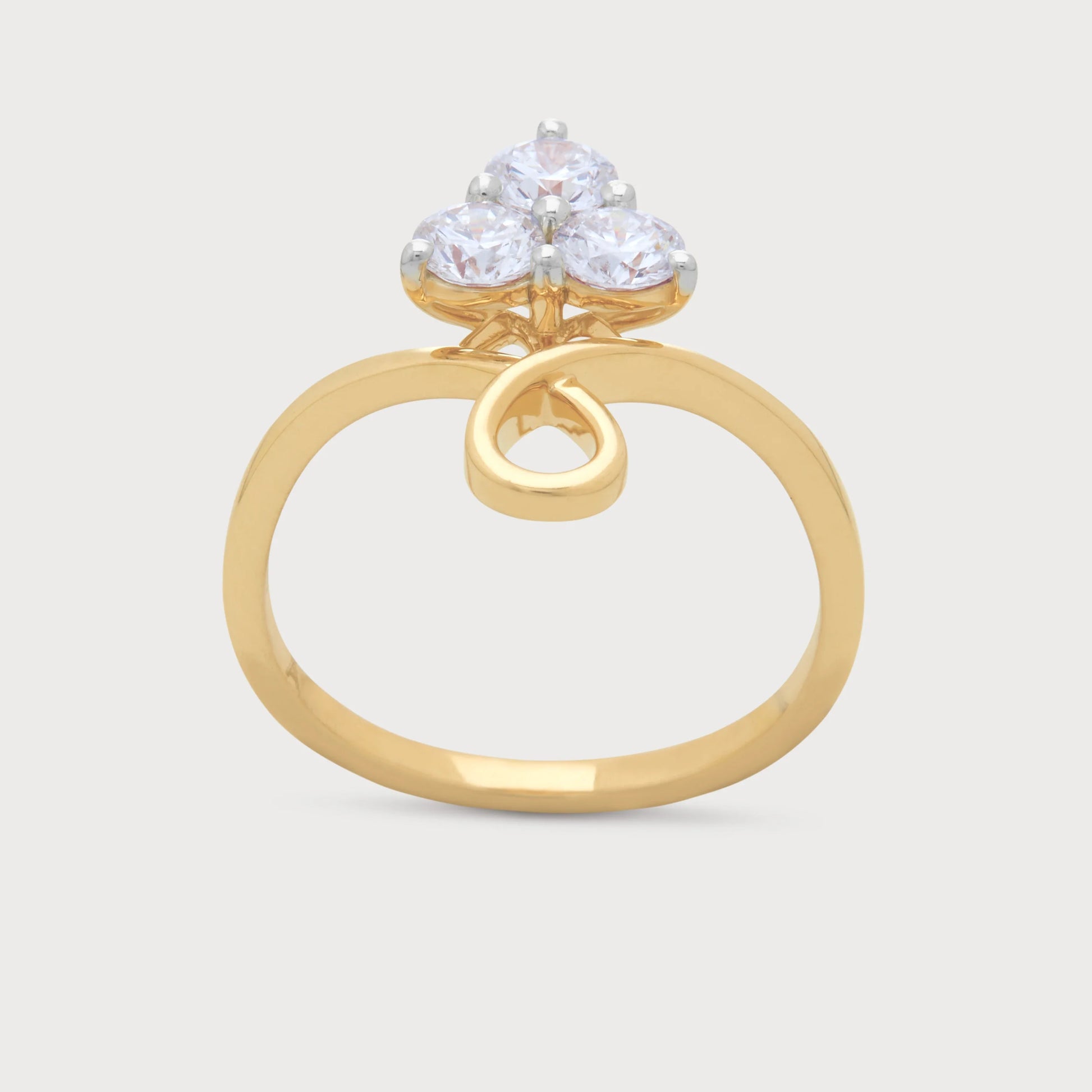 The Triveni Ring - Gold diamond ring featuring three brilliant-cut diamonds in a triangular cluster setting on a unique, intertwined gold band. Ideal for diamond jewelry.