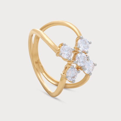 The Calyx Ring, a stunning yellow gold diamond ring featuring a unique double band design and five brilliant-cut round diamonds arranged in a modern floral cluster. Ideal as a luxury engagement ring, anniversary gift, or statement fine jewelry for women.