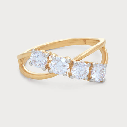 The Arlise Ring, a yellow gold four-stone diamond ring with an intertwined band design, ideal for anniversary or special occasions.