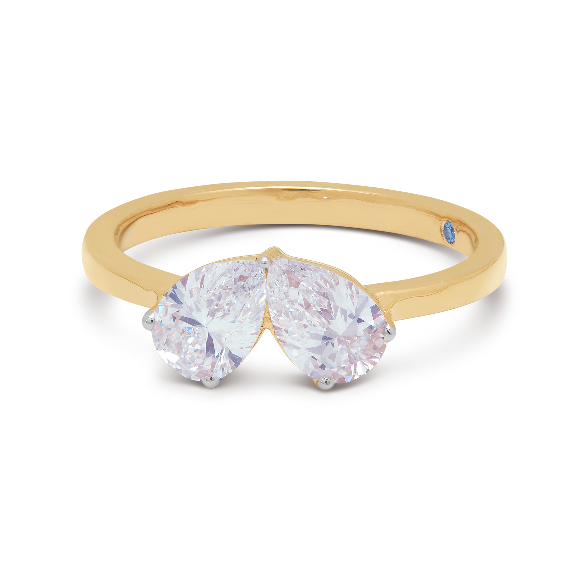 The Twin Pear Ring: A stunning yellow gold ring featuring two brilliant pear-cut diamonds, perfect for diamond jewelry and special occasions.