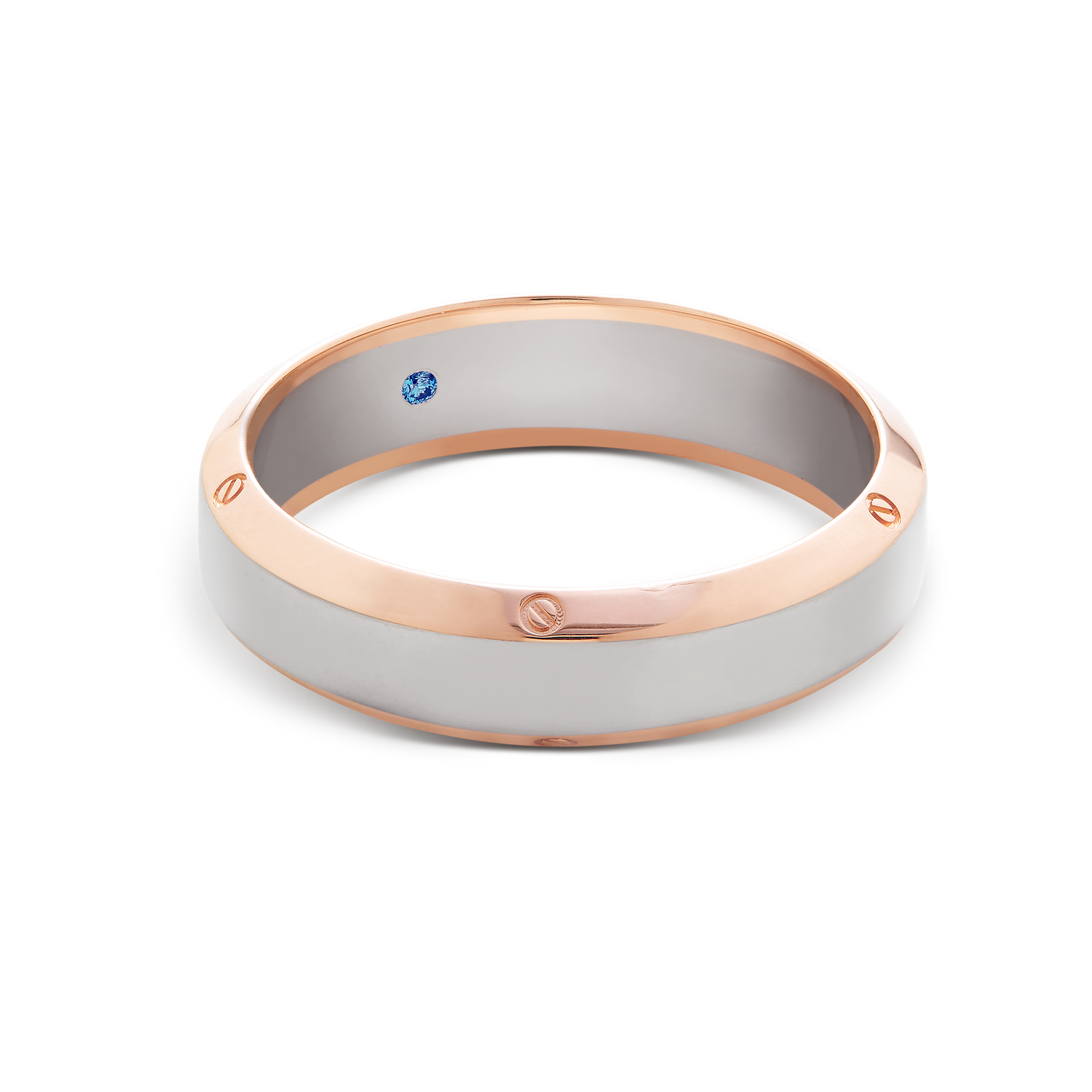 The Eclipse Band ring, a modern two-tone design with rose gold edges and a white band, featuring unique screw-like details and a subtle blue sapphire accent. Perfect for diamond jewelry, wedding bands, or a stylish statement piece.