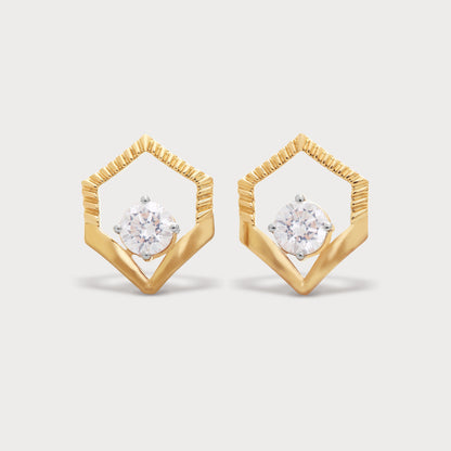 The Archway Studs gold diamond earrings. Elegant hexagonal geometric design stud earrings with sparkling round diamonds, ideal for luxury fine jewelry collections.