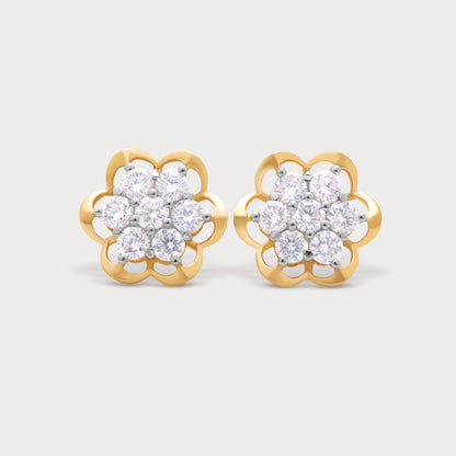 The Golden Fig Studs, sparkling diamond earrings set in yellow gold with a delicate floral cluster design.