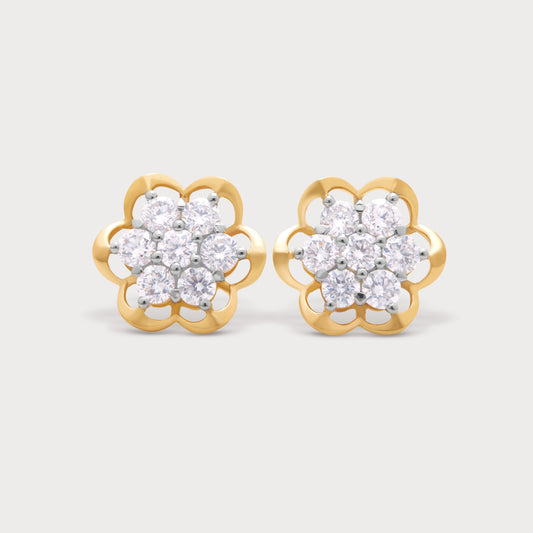 The Golden Fig Studs, sparkling diamond earrings set in yellow gold with a delicate floral cluster design.