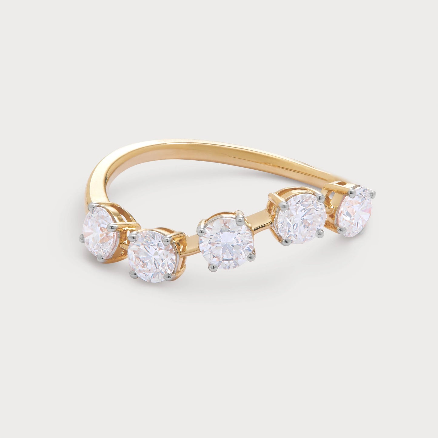 The Vela Ring: Gold five-stone diamond ring with brilliant round cut diamonds, perfect for engagement or anniversary.