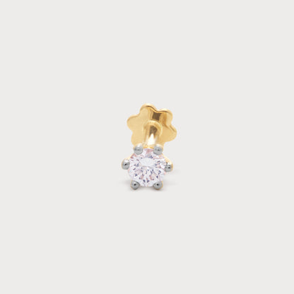 Yellow gold solitaire diamond nose pin for women, featuring a brilliant round-cut diamond and six prongs, an elegant diamond nose stud for daily wear.