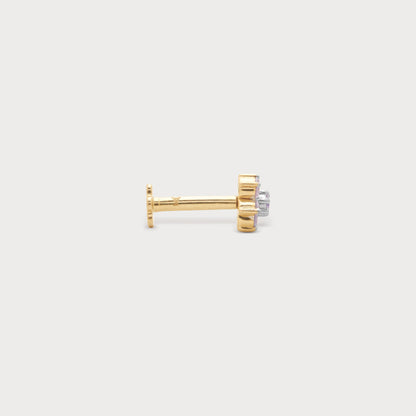 Yellow gold flat back stud earring featuring a delicate diamond cluster design with white and subtle pink stones, ideal for helix, tragus, or lobe piercings. High-quality diamond jewelry for women.
