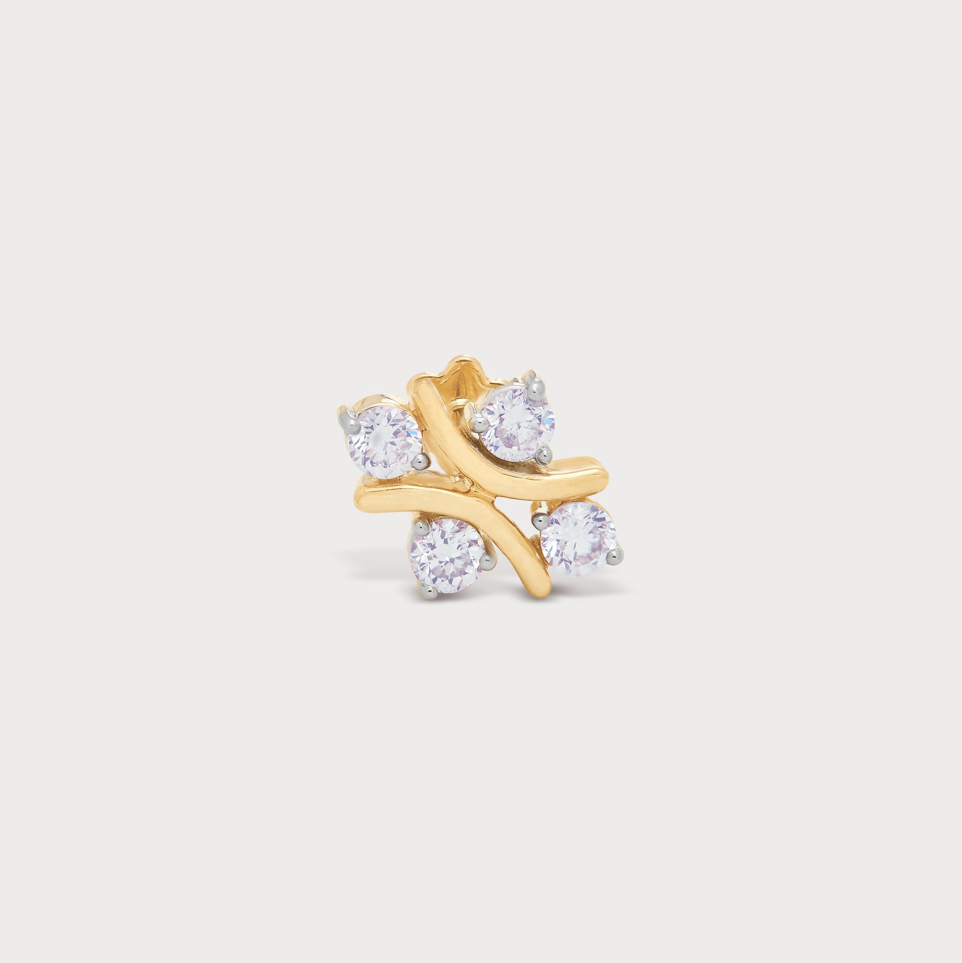 Stylish gold diamond stud earring with four round diamonds in a modern criss-cross design. Perfect for everyday wear or a special occasion.
