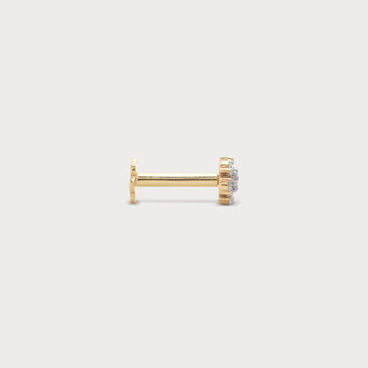 Gold flat back labret piercing earring with a cluster of brilliant cut diamonds for helix or lobe.