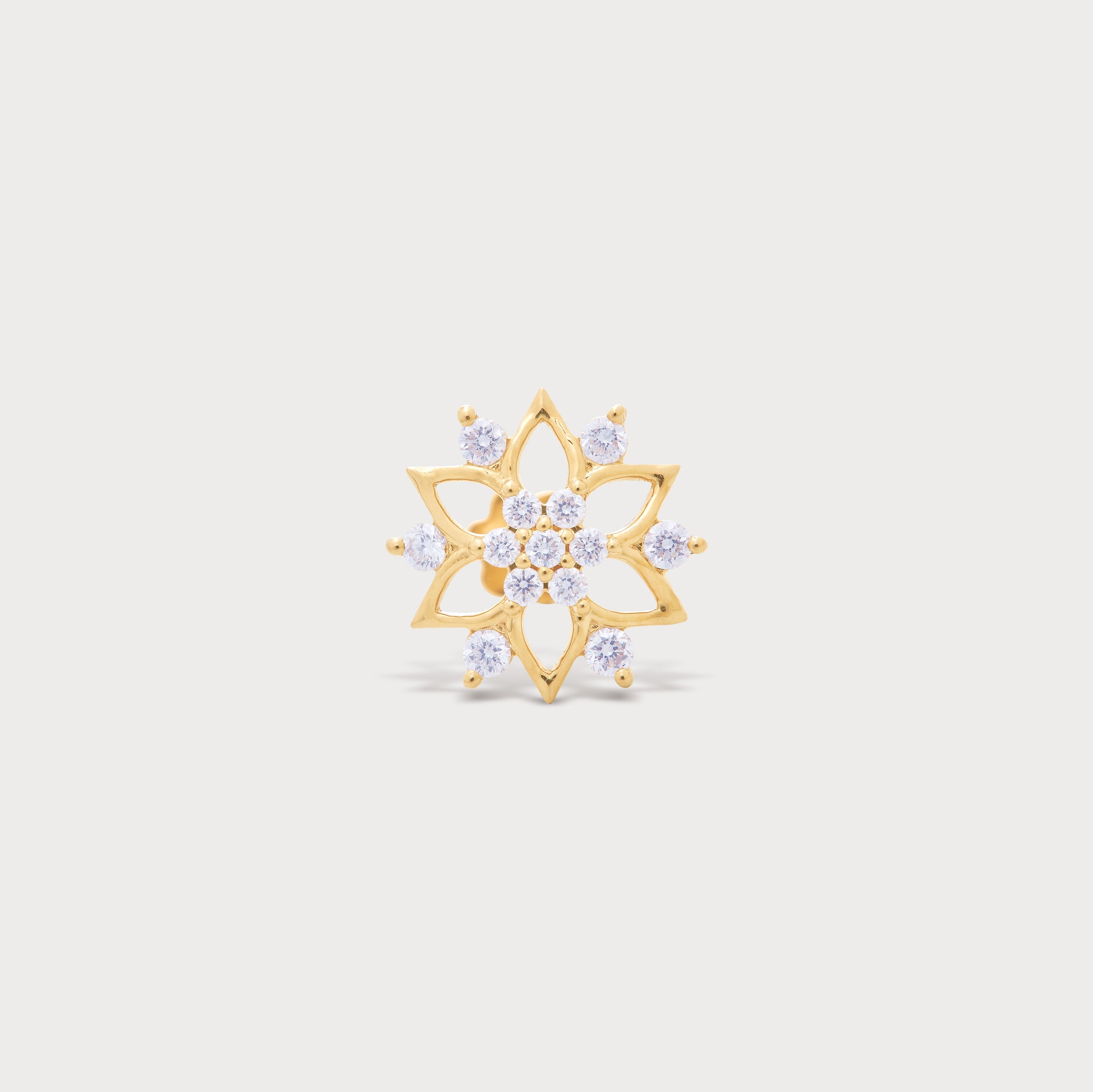 The Heritage Nose Pin: Gold floral diamond nose pin with intricate design, perfect for traditional and contemporary styles. Shop exquisite diamond jewelry.