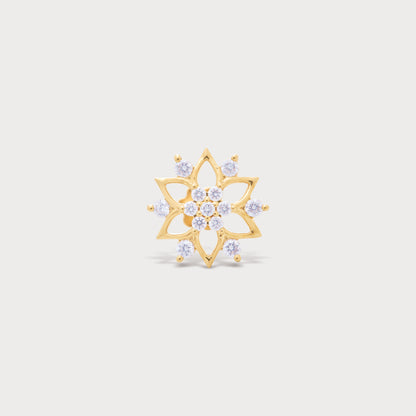 The Heritage Nose Pin: Gold floral diamond nose pin with intricate design, perfect for traditional and contemporary styles. Shop exquisite diamond jewelry.