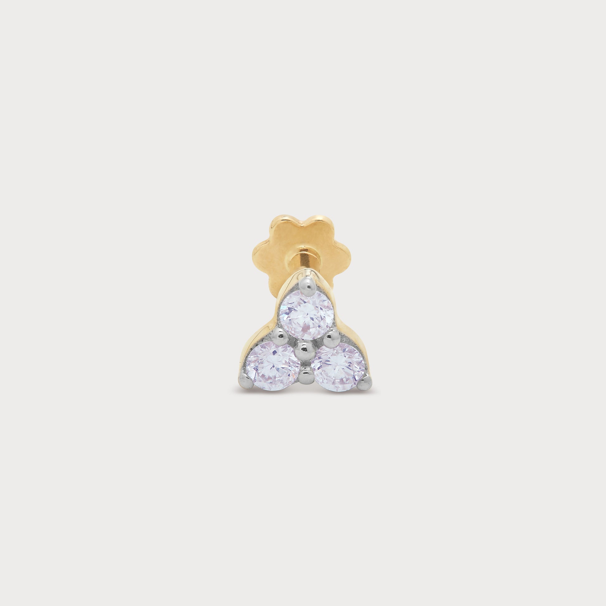Gold three-stone diamond stud earring for cartilage piercing. Elegant trinity diamond jewelry for women. Shop online.