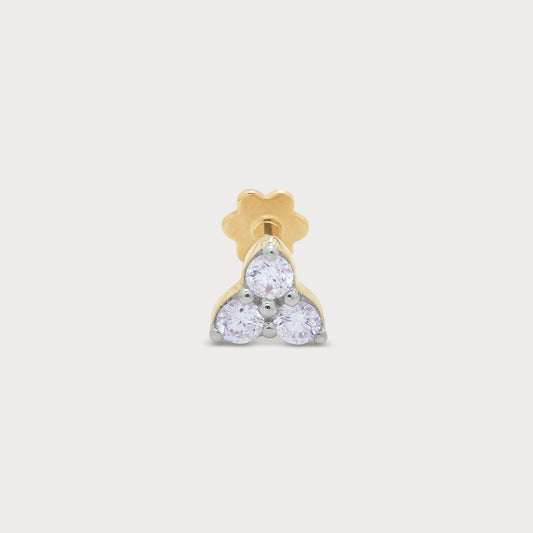 Gold three-stone diamond stud earring for cartilage piercing. Elegant trinity diamond jewelry for women. Shop online.