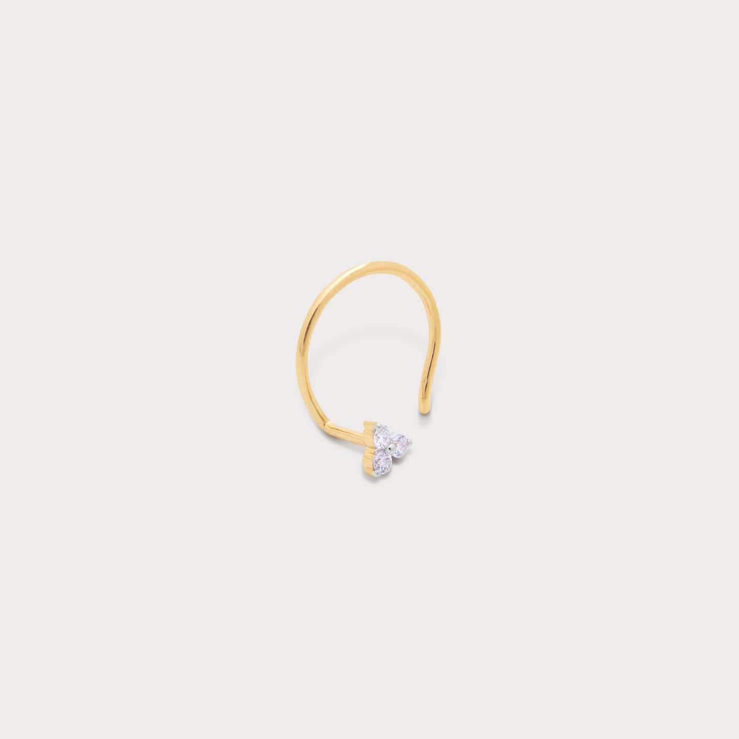 The Trio Spark Nose Pin: Elegant gold diamond nose pin featuring three brilliant diamonds in a sparkling cluster design, perfect for women's diamond jewelry.